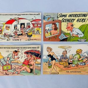 4 Vintage Comedy Postcard   The Informer Trailer Camp Home LINEN UNPOSTED TEICH